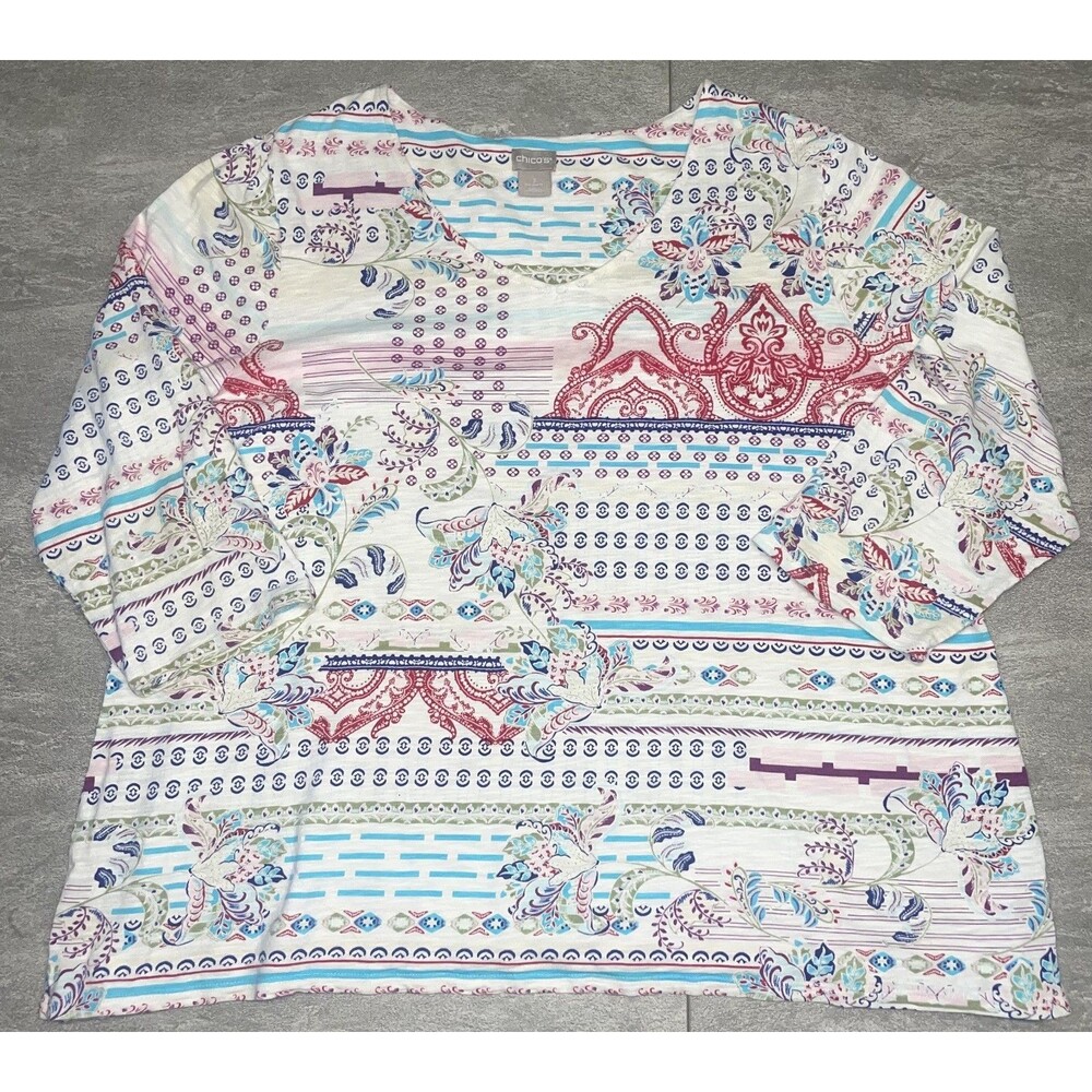 Chico's Sz 3 Scoop V-Neck 3/4 Sleeve Colorful Paisely Office Church Comfy Mature